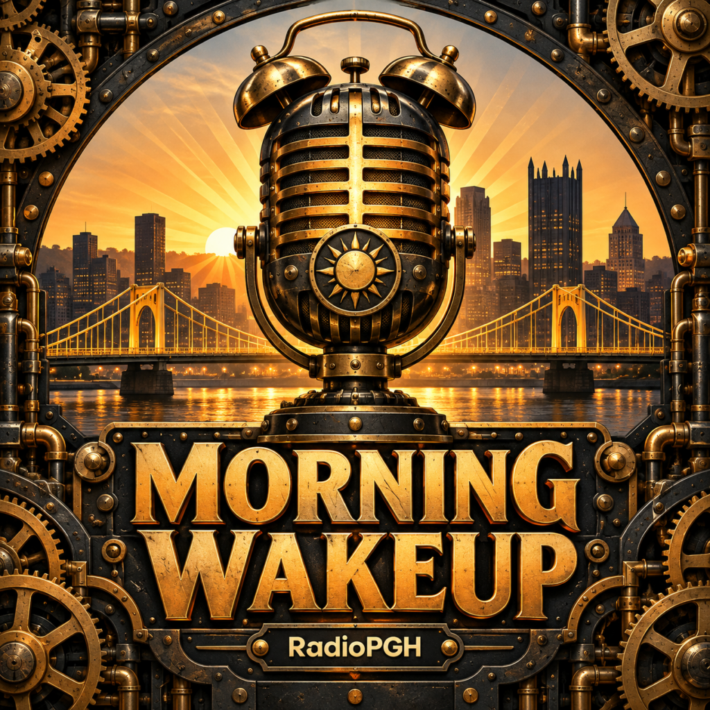 Morning Wakeup on RadioPGH — brass microphone and alarm clock above Pittsburgh bridges at sunrise.