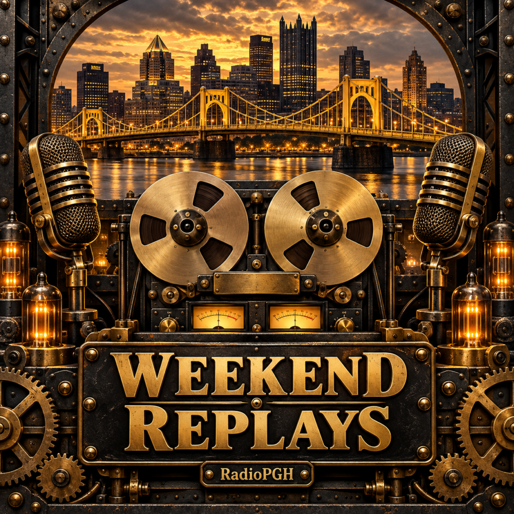 Weekend Replays on RadioPGH — vintage microphones and reel-to-reel tape machine framed by Pittsburgh bridges and brass gears.