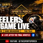 Sports Porch Steelers vs Saints Paris postgame live graphic with team helmets and Pittsburgh Property Diva sponsor.